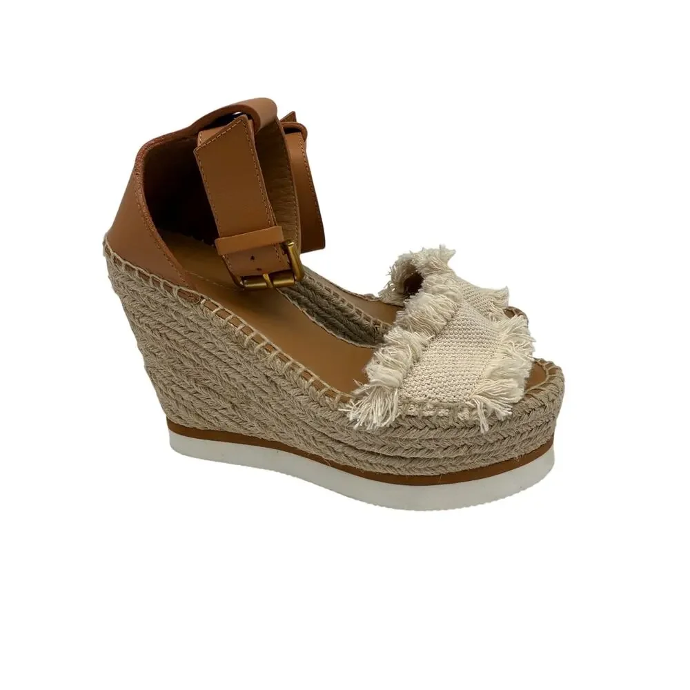 See by Chloé Glyn Leather Canvas Espadrille Wedge Sandals Tan Ivory Women's EU36